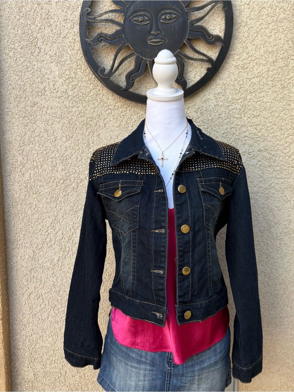 What’s Hot Y2K Gold Rhinestone Gold Hardware Dark Denim Jacket